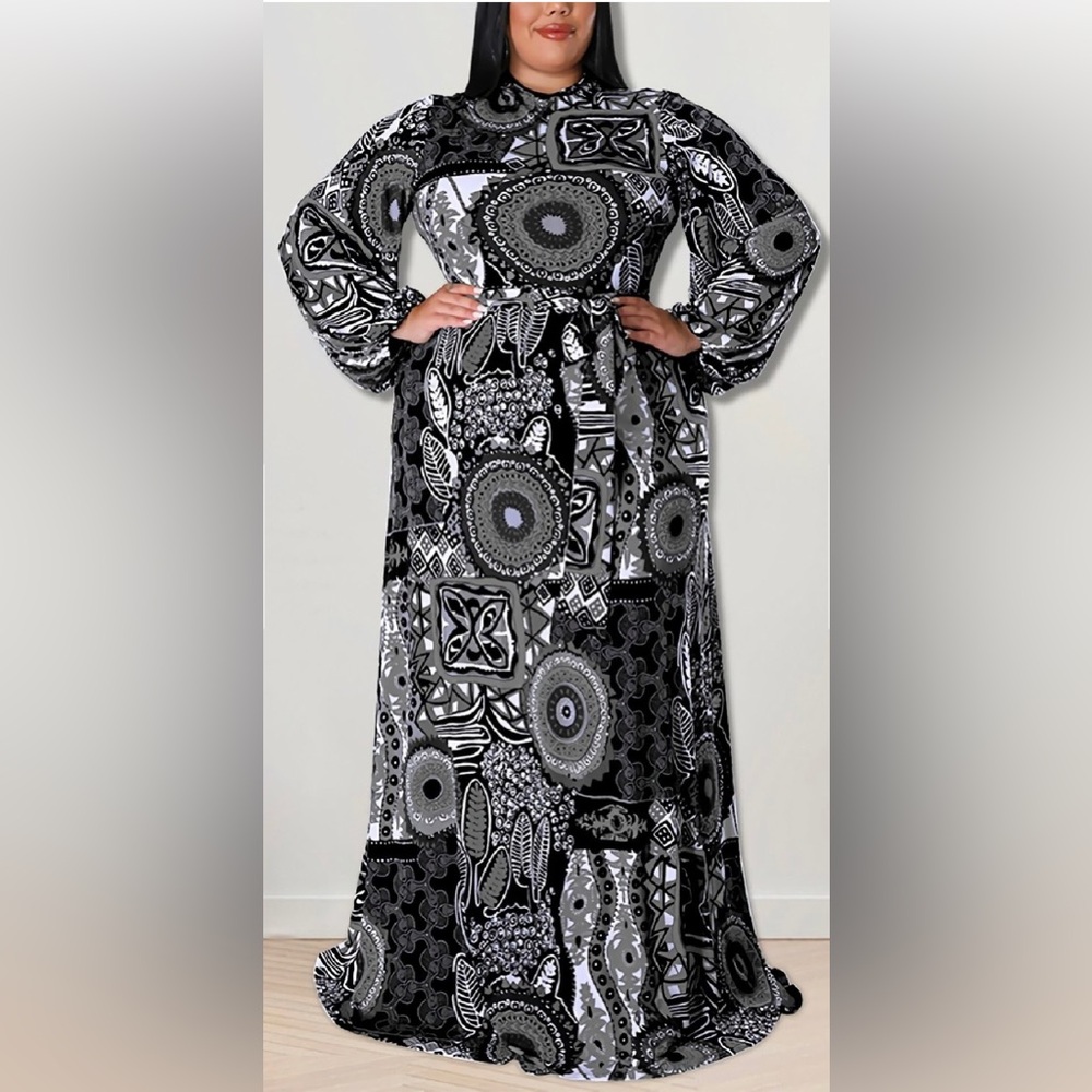 4X-5X Elle Black & White Print Dress with Belt